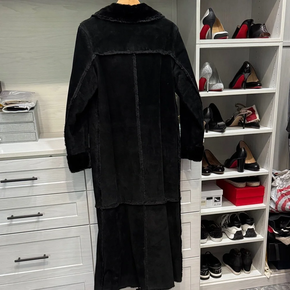 Express - Full-Length Black Suede/Leather with Black Faux Fur-Trimmed Coat - L - Picture 5 of 8